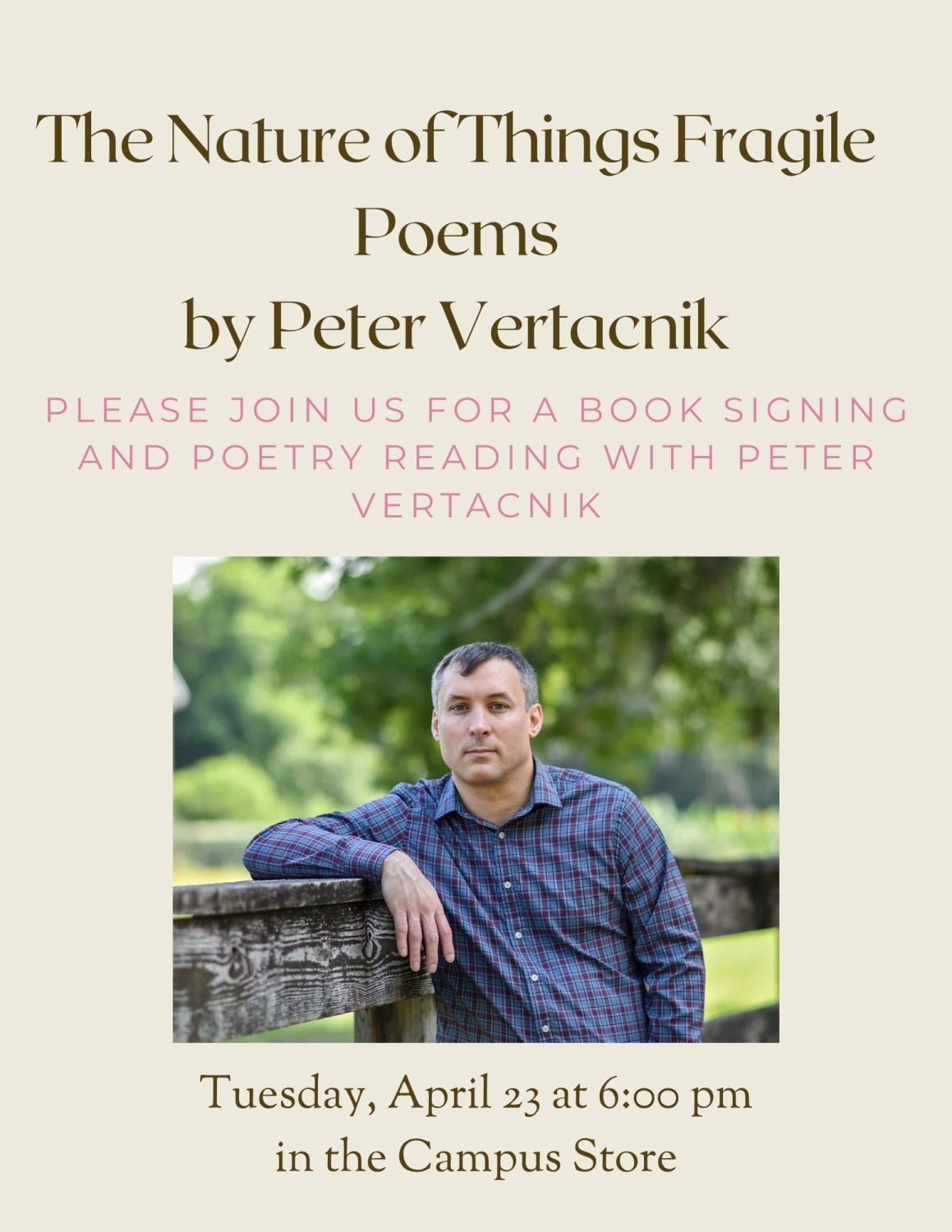 Join us for a Book Signing and Poetry Reading with Peter Vertacnik